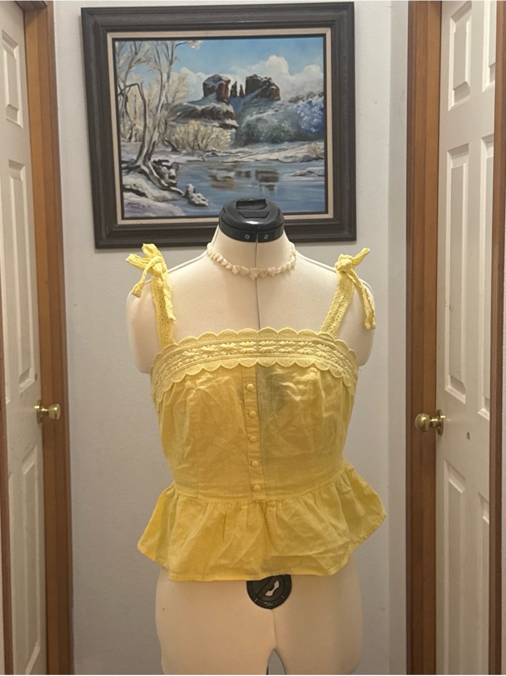 Lace-Trim Yellow Tie-Strap Peplum Camisole